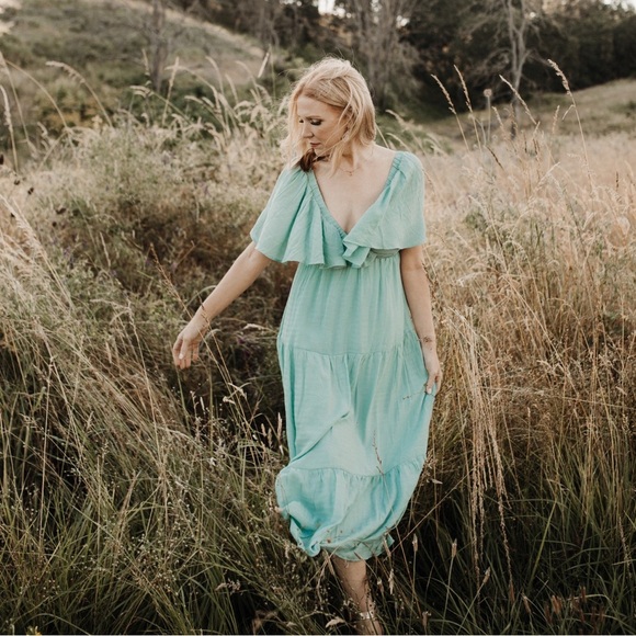 Lalavon Dress Green Women’s Size Small Tiered Maxi Rayon Blend - Picture 2 of 9